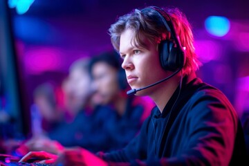 A focused young man wearing a headset plays video games in a colorful, neon-lit gaming setup with others in the background.