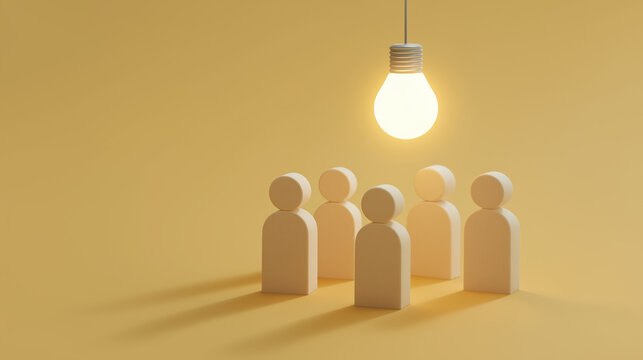 3D on a yellow background features six minimalist human figures with a glowing light bulb suspended above them, symbolizing shared ideas, collective thinking, or brainstorming within a group.