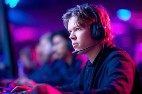 A focused young man wearing a headset plays video games in a colorful, neon-lit gaming setup with others in the background.
