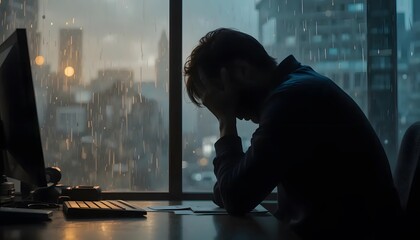 Stressful day at work concept, office worker burnout, financial crisis, depression and anxiety