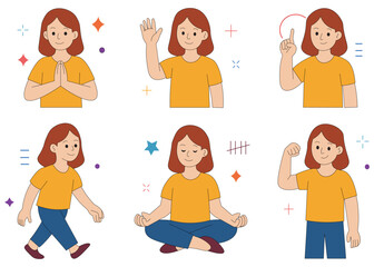 Cute young woman character in different poses and gestures flat vector illustration set. Woman avatar pack with hand gestures, yoga pose, meditation, and expressions vector collection.
