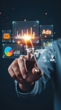 Businessman touching futuristic digital warning interface with red alert icons, AI chip and data panels. Concept of cybersecurity threat, data breach warning and artificial intelligence security
