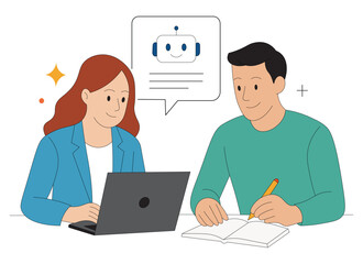 Business team using AI chatbot assistant on laptop flat vector illustration of man and woman working together. Modern flat illustration of coworkers using AI assistant for productivity.