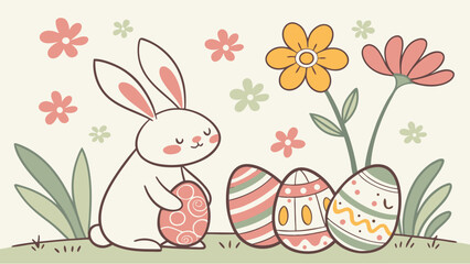 Obraz premium Cute easter bunny with easter eggs and flowers in a spring themed cartoon illustration style image
