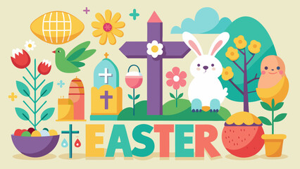 Fototapeta premium Illustration of easter themed elements including a bunny, cross, and easter eggs in a bowl