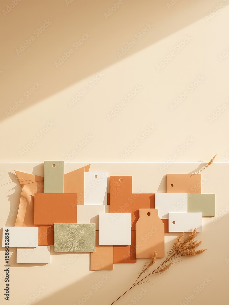 Poster artistic arrangement of paper shapes with botanical accent on a cream background with subtle shadowi