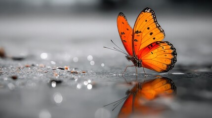 A vibrant orange butterfly with black spots rests on a wet, dark surface, its reflection mirroring it perfectly; bokeh effect emphasizes the butterfly