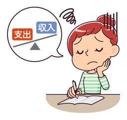 家計簿を付けながら赤字家計に悩む女性