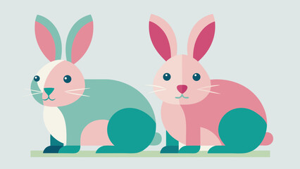 Two stylized rabbits one in pink and the other in teal sitting side by side on a light background