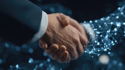 Handshake: Two individuals seal a deal with a handshake, their hands symbolizing partnership and agreement, intertwined amidst an atmosphere of technological innovation and digital connection.