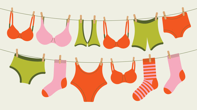 Colorful underwear and socks drying on a clothesline with wooden clothespins