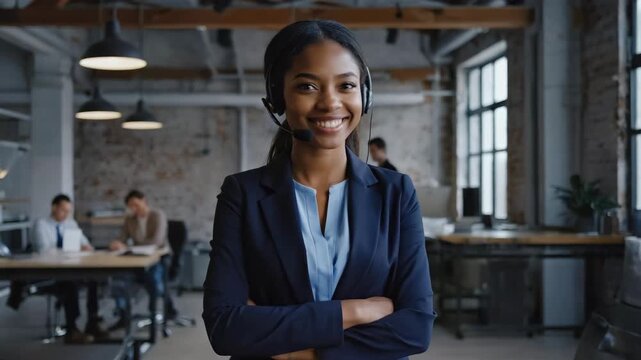 Confident Female Customer Support Agent Wearing Headset in Modern Office

