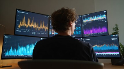 Data Analyst's Domain: A dedicated individual engrossed in analyzing dynamic data streams, portrayed on a collection of advanced monitors, creating a visual representation of innovation.