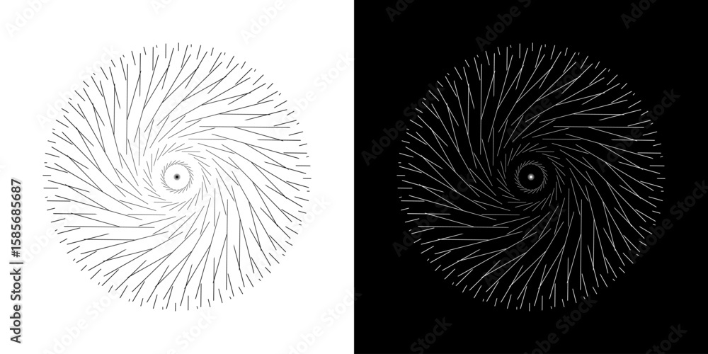 Fototapete Abstract background with abstract line pattern in circles. Spiral art design as a logo or icon. A black figure on a white background and the same white figure on a black side. Mandala design with line