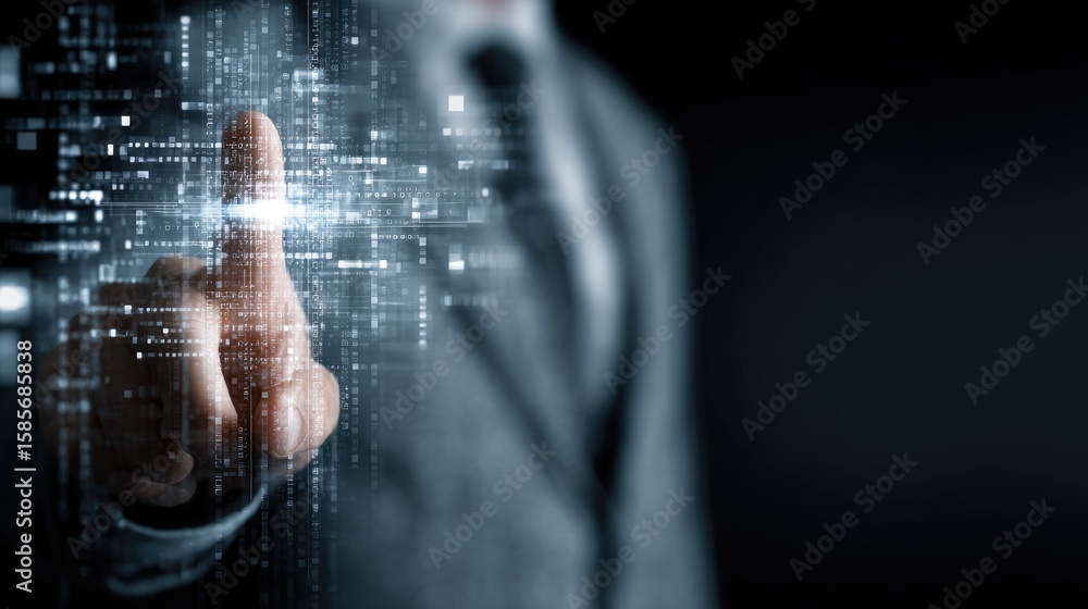 Poster digital touch: a sharply dressed professional with a crisp suit and tie interacts with a mesmerizing