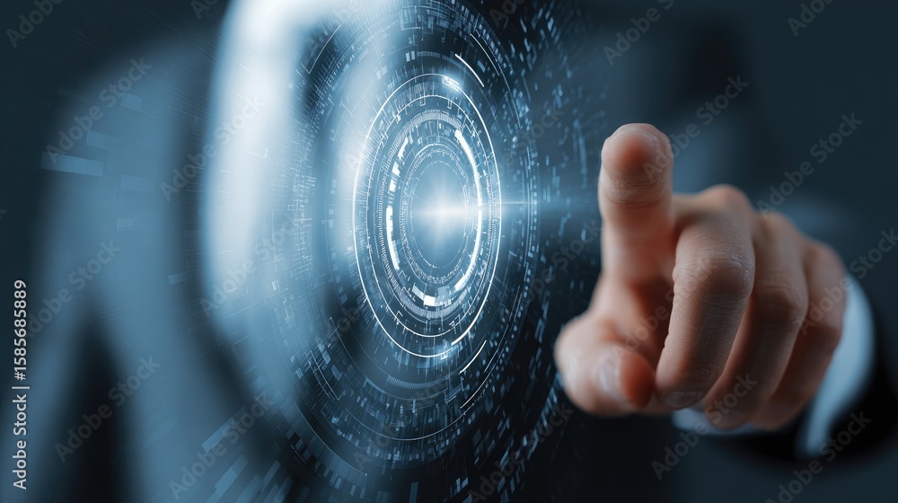 Poster innovation at fingertips: a person in professional attire makes contact with a futuristic digital in