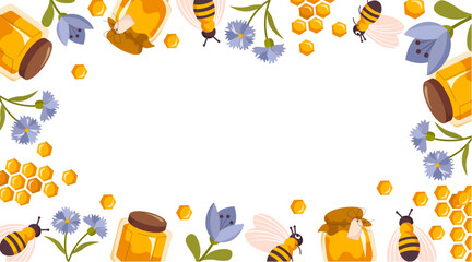 Natural honey horizontal web banner. Honey jars, honeycomb, bees, beehive, organic healthy food and sweet product. Vector background with honey products and apiary. Beekeeping cartoon frame or border.