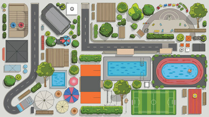 Aerial view of a city park with swimming pools sports fields and recreational areas