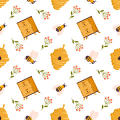Bee and honey seamless pattern. Cute hand drawn summer insects, bee honeycomb vector background. Organic healthy food, honey templates or fabric design. Summer illustration. Cartoon sweet bees print