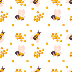Bee and honey seamless pattern. Cute hand drawn summer insects, bee honeycomb vector background. Organic healthy food, honey templates or fabric design. Summer illustration. Cartoon sweet bees print
