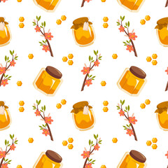 Jars of honey and flowers seamless pattern. Cute hand drawn natural honey jars, bee products, flowers vector background. Organic healthy food cartoon illustration, honey templates for fabric design.