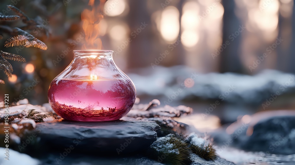 Poster pink potion in round glass bottle on stone in magical forest setting with soft bokeh lights and myst