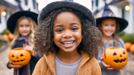 Children smile while holding carved pumpkins during Halloween festivities. Outdoor location features decorations and autumn colors. Concept of celebration, family gatherings, seasonal events