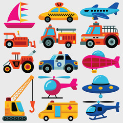 Collection of colorful cartoon vehicles including a sailboat taxi airplane and more