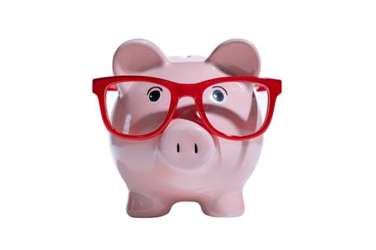 Piggy bank wearing red glasses. Saving money concept.