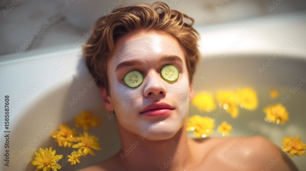 Poster man enjoys spa-like experience in bathtub with facial mask and cucumber slices on eyes. bright yello