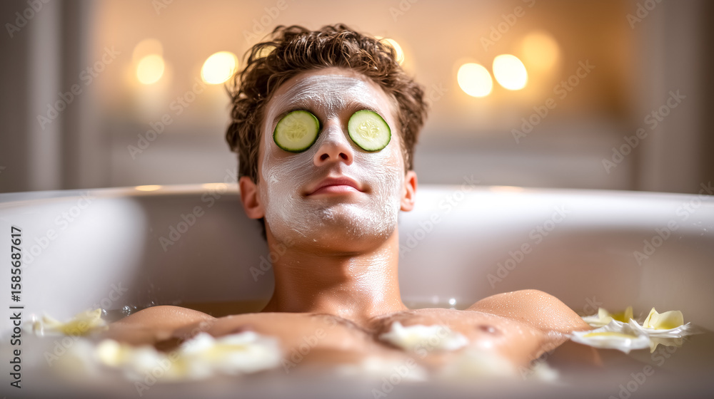 Aufkleber man enjoys rejuvenating bath with facial mask and cucumber slices on eyes. calming atmosphere with s