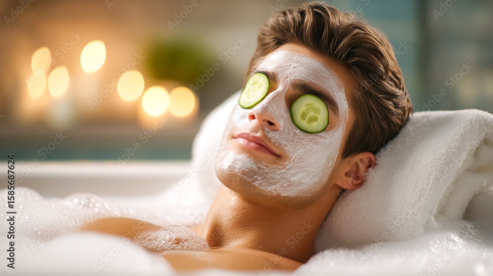 Poster man enjoys luxurious bubble bath with facial mask and cucumber slices resting on eyes. tranquil spa 