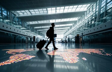Obraz premium World Tourism Day digital art featuring a passenger dragging suitcase on a luminous airport floor shaped like the world map