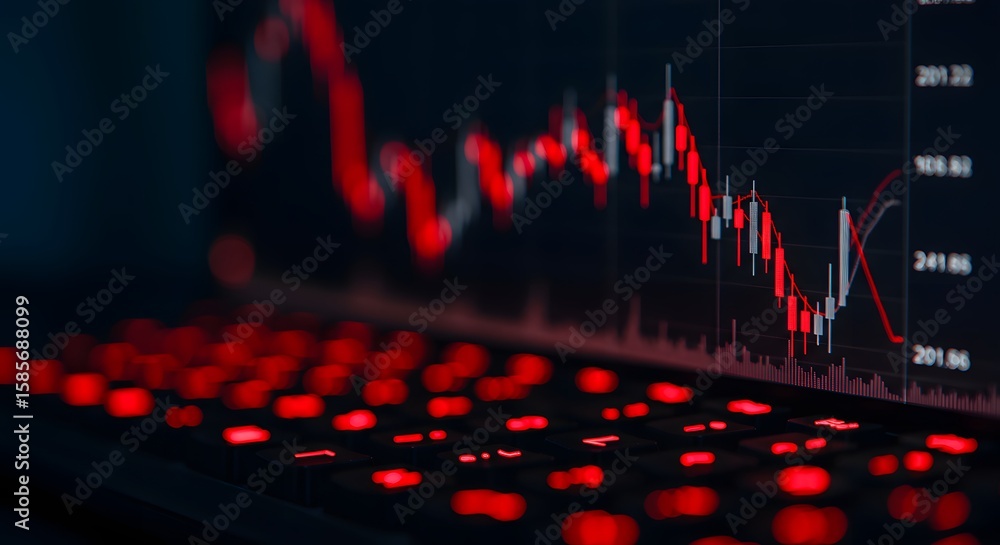 Poster close up of a red glowing keyboard with a stock market graph on a dark background