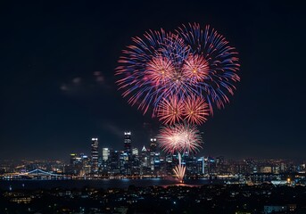Spectacular City Fireworks Display Night Celebration Over Urban Skyline at Dusk