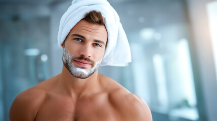 Man with towel around head prepares for grooming with shaving cream on face. Bright, contemporary bathroom creates fresh atmosphere. Concept of personal care, grooming, and wellness