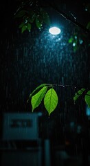 Rainy Night Serenity: Green Leaves Under City Lights