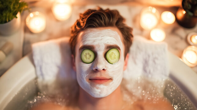 Young man lounges in bathtub with face mask and cucumber slices covering his eyes. Soothing ambiance created by soft candlelight and bubbles evokes a feeling of relaxation - Powered by Adobe