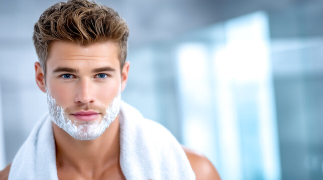 Man applying shaving foam in sleek bathroom with large mirrors and bright lighting. Focus on grooming routine emphasizing self-care and personal hygiene. Concept of barbershop, beauty, men's grooming