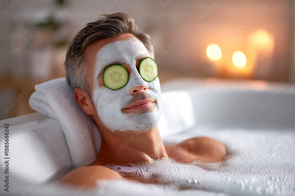 Poster man soaking in bubble bath with cucumber slices resting on eyes. soft lighting and warm atmosphere c