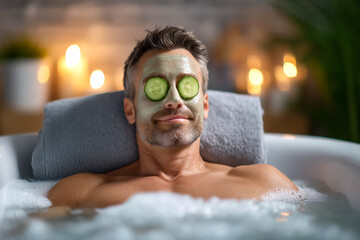 Man enjoying relaxation in bubble bath with cucumber slices on eyes. Serene setting with soft candlelight creating a calming atmosphere. Concept of wellness, spa services, stress relief
