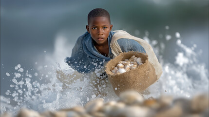 A young boy collecting litter on a polluted beach