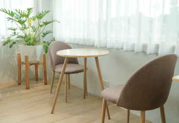 Decorated tables and chairs in a cafe