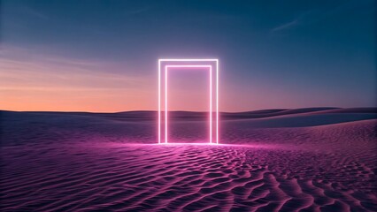 Futuristic neon door in glowing pink light standing in desert sand at twilight