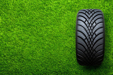 Racing tire positioned on bright green artificial grass creates distinct visual. Clean left space allows for text addition. Concept of automotive, advertising, racing