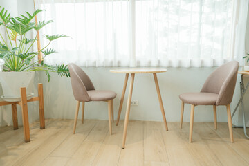 Decorated tables and chairs in a cafe