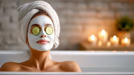 Woman relaxing in bathtub with facial mask and cucumber slices on her eyes. Cozy bathroom atmosphere with soft candlelight and neutral decor. Concept of wellness, beauty, self-care