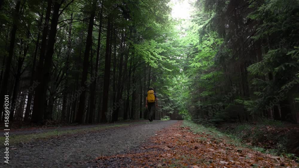 Poster a man with a backpack hikes alone through the summer forest. sunlight filters through the trees as h