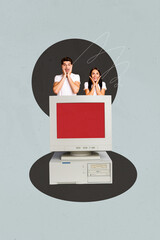 Vertical 3d poster art pop collage of happy businesswoman businessman stand pc monitor desktop...