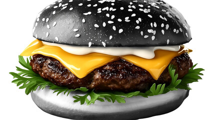 Black Sesame Burger with Melted Cheese and Parsley Isolated hamburger fast food